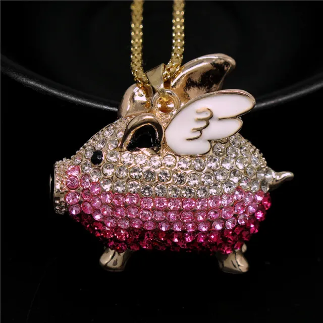 Fashion Women Rhinestone Cute Wing Pig Pink Crystal Pendant Chain Necklace Gift
