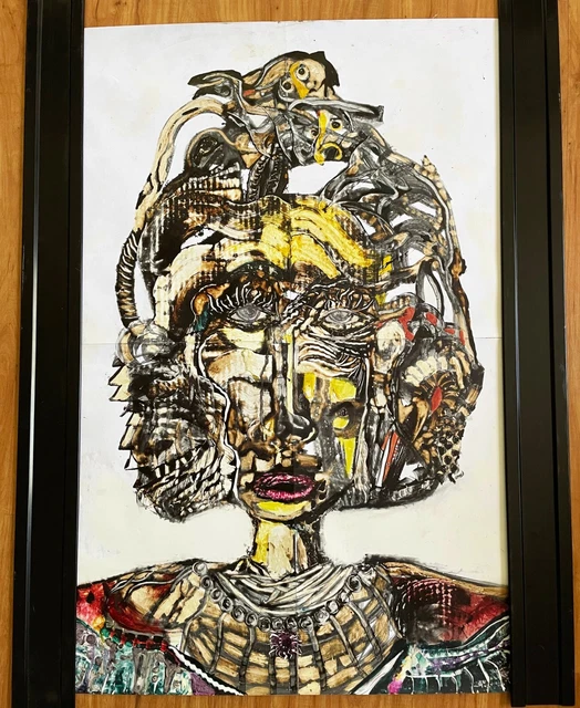 Tonito Original painting.Handmade art.SAD queen of the Birds.Large and old piece