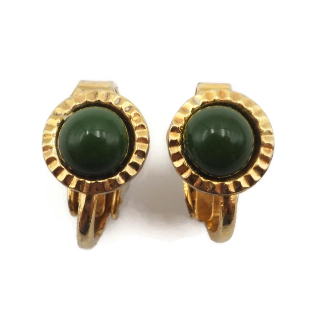 Small 7.52mm Gold Tone Bezel Faux Jade Green Cabochon Clip On Earrings