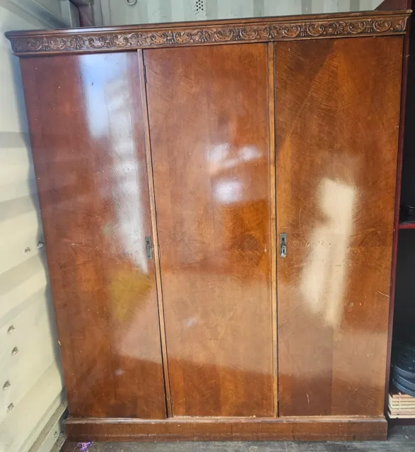 Antique 1900's Walnut Hand Carved Triple Wardrobe With Draws, Shelves & Mirror