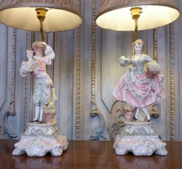 Pair of Vintage Louis XV PORCELAIN China Italian Lady Man Figures Table Lamps