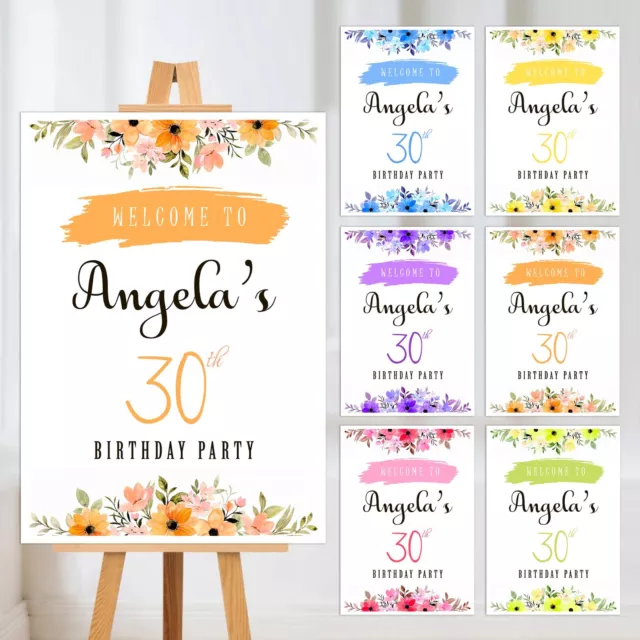 Welcome Sign  Floral Birthday Party Name Personalised Poster Signage Print