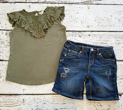 JUSTICE 12 Girls Olive Green Lace Flutter Top and Denim Bermuda Shorts EUC