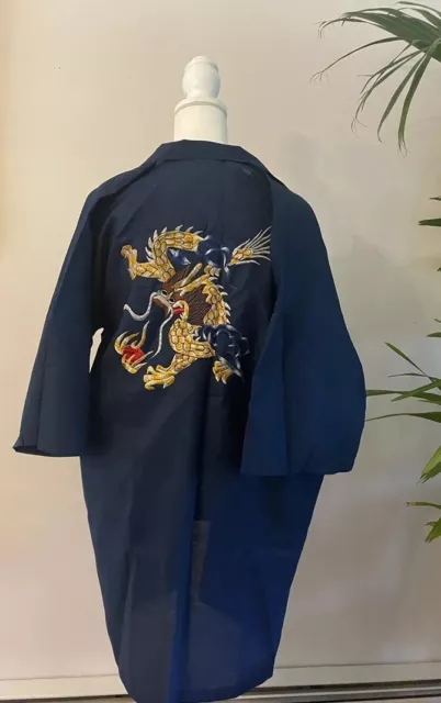 Vintage Daffodil Asian Chinese Embroidered Dragon Navy Robe/Kimono medium