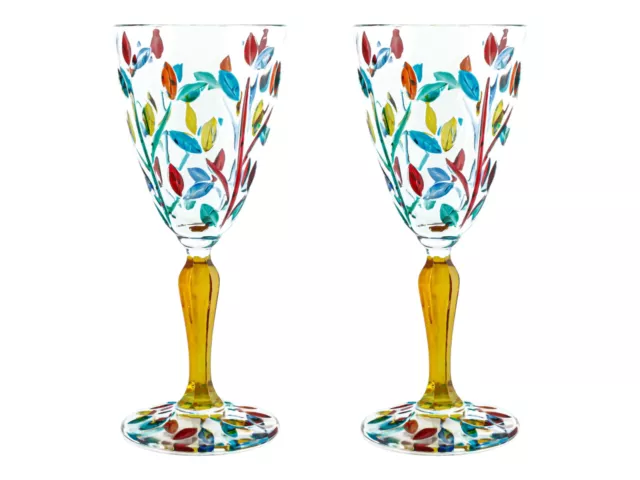 Pair of Murano Wine Glasses Multi Yellow Stem Hand Painted Venice Made Italy