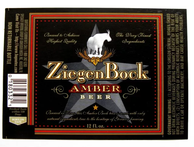 Anheuser Busch Specialty Brewing Group ZIEGENBOCK AMBER beer label TX 12oz