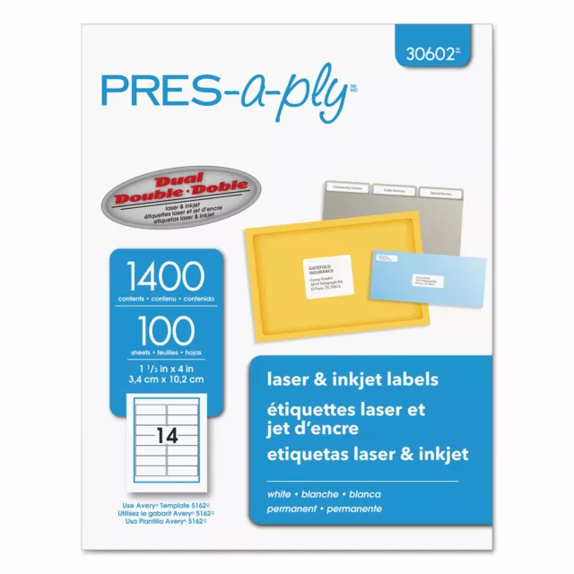 Avery Pres-A-Ply Laser Address Labels, 1-1/3 x 4, White, 1400/Box (30602)