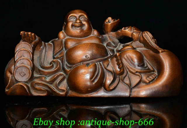 China Dynasty Boxwood Carving Happy Laugh Maitreya Buddha Money Wealth Statue