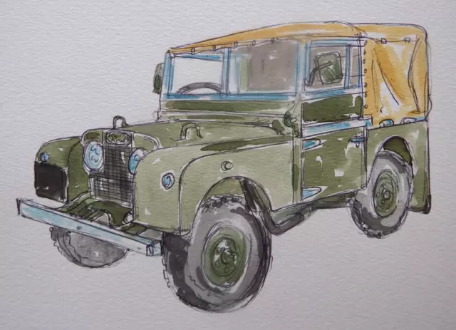 Original Aquarellgemälde Vintage Oldtimer Armee Grün Land Rover Defender