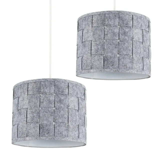 2x Ceiling Light Shades Grey Felt Weave Easy Fit Drum Lampshades Pendants Bulbs