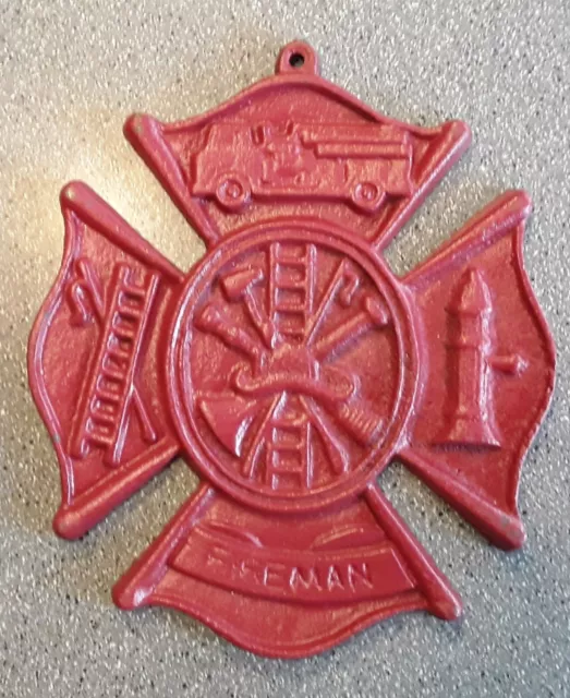 Red Fireman Plaque Maltese Firefighter Cross, cast iron sign 8 x 9 inches RED