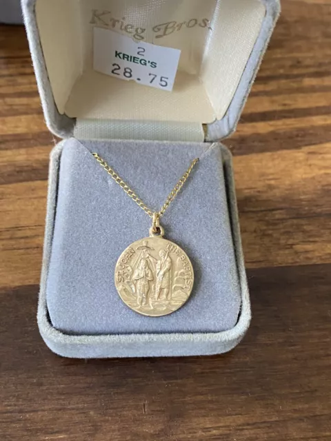 NOS 12K Gold Filled St. John The Baptist Religious Medal Necklace 14K GF Chain