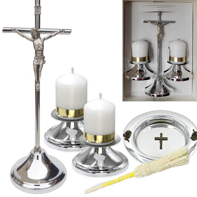 WEIHNACHTEN SILBER FARBE GARNITUR Kreuz Kerzenhalter Kerzen Weihwasserschale