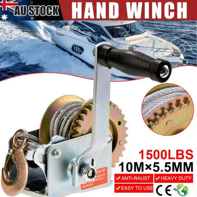 1500LBS/680KGS 2-Ways Steel Cable Hand Winch Manual Car Boat Trailer Camper AU