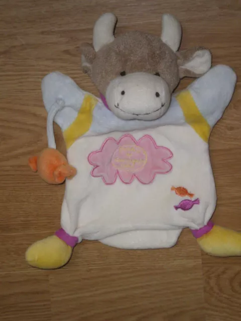 Doudou PELUCHE vache cow kuh marionnette DOUDOU ET COMPAGNIE bonbon main rose or