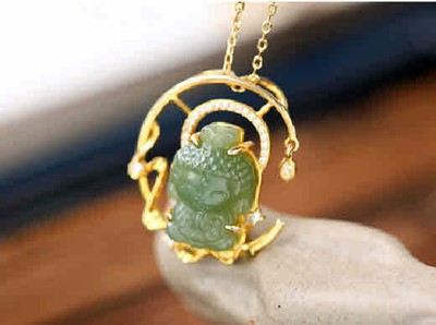 Elan B23 Collier Élan Cerf Ramure Verts Jade Sterling Argent 925 Plaqué Or 