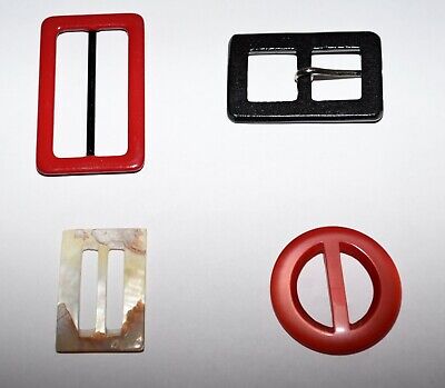 4 Vintage 1960s Belt Buckles 2 Red Lucite 1 Mother of Pearl and 1 Black Glass
