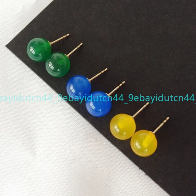 Pretty 3 Pairs Natural 10mm Green Yellow Blue Jade 14k Gold Plated Stud Earrings