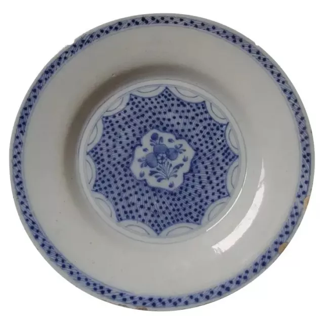 18th Century Dutch Tin Glazed Plate/Charger Blue and White Delft Floral 8"