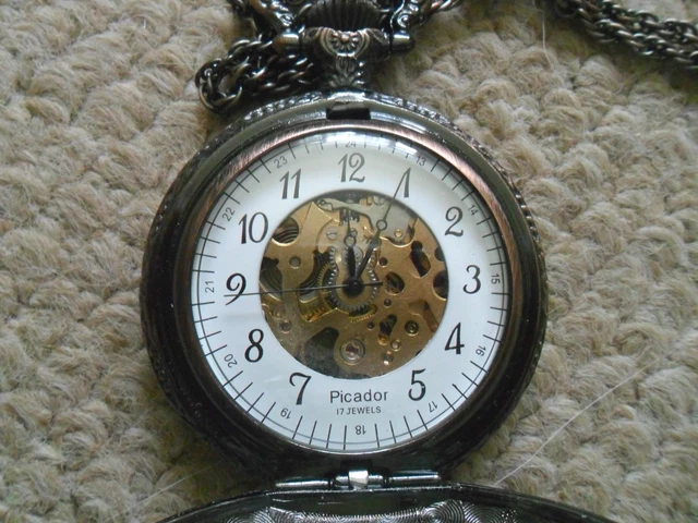 PICADOR 17 JEWELS Wind Up Skeletal Half Hunter Pocket Works