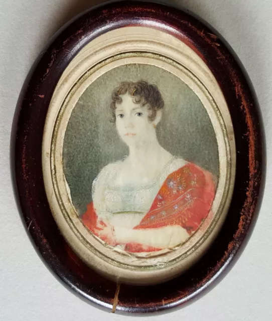 (B067) Biedermeier Miniatur Portrait einer Dame, Gouache Malerei, um 1840