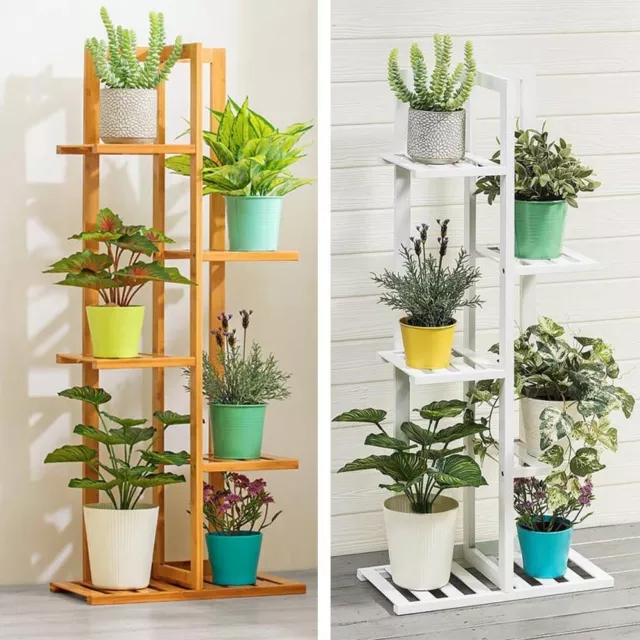 5 Tiers Bamboo Flower Pot Plant Stand Ladder Shelf Display Rack Indoor Outdoor