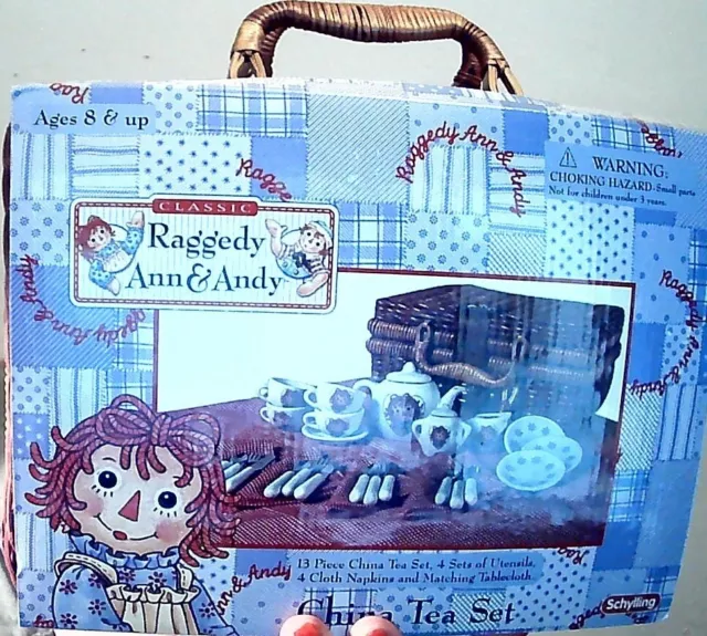 Raggedy Ann & Andy CHINA tea set + paperdolls /clothes+ washable PLAYSKOOL DOLLS