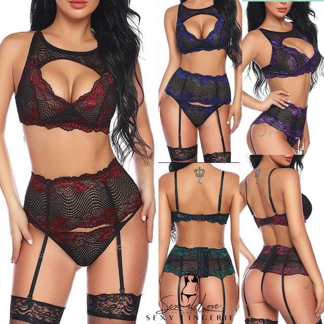 Set Intimo Lingerie Con Reggicalze, Slip E Calze Velate - Pizzo Floreale Rosso