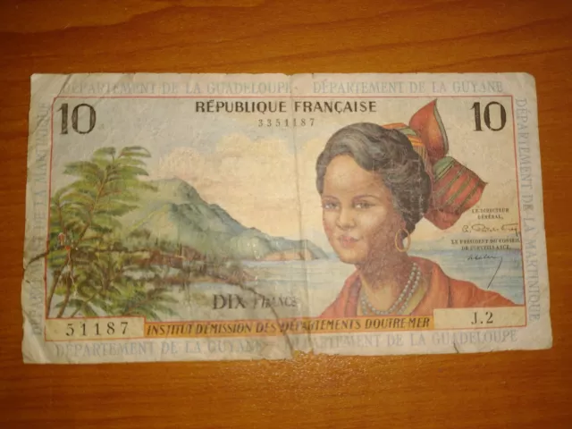 French Antilles 10 Francs SIGNATURE 1 1964 Guadeloupe Martinique Guyana PoorCOND