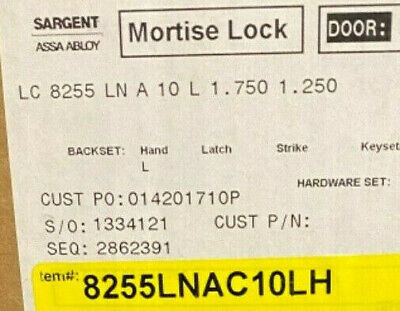 Sargent 8255 LNA US10 Mortise Office Lockset Left Hand, less cylinder