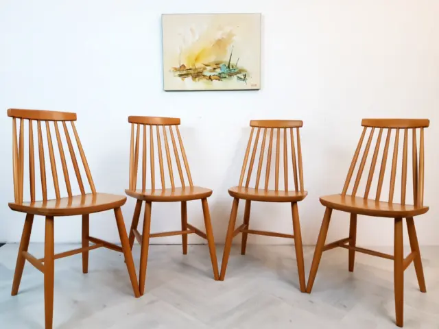 Vintage Mid Century Solid Beech Set of 4 Stick Back Retro Dining Chairs BL080