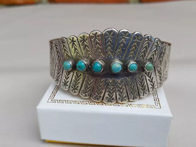 Old VTG Taxco Southwest Made in Mexico Sterling Silver Turquoise Cuff Bracelet