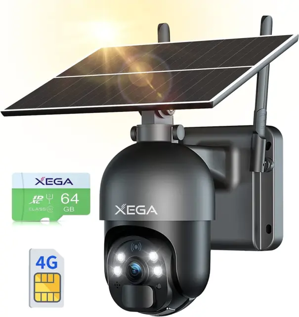 Cámara de Vigilancia Xega 3G/4G LTE Exterior con SIM&64GB SD, Cámara Solar PTZ