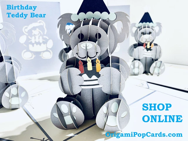 ORIGAMI POP CARDS Grey Birthday Teddy Bear 3D Pop Up Greeting Card ...