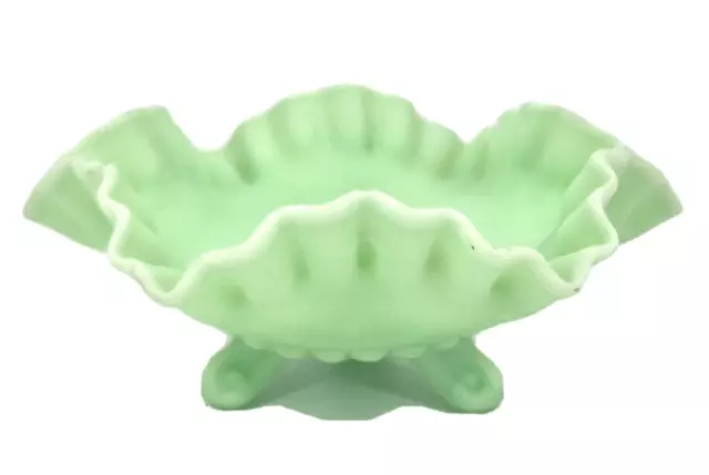 VTG Westmoreland Satin Glass Bowl Frosted Green Crimp Ruffle Edge 3 Foot Grapes