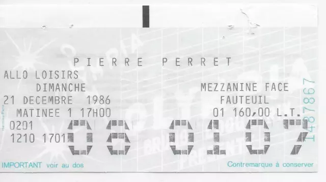 Rare / Ticket Billet De Concert - Pierre Perret : Live A Paris ( France ) 1986