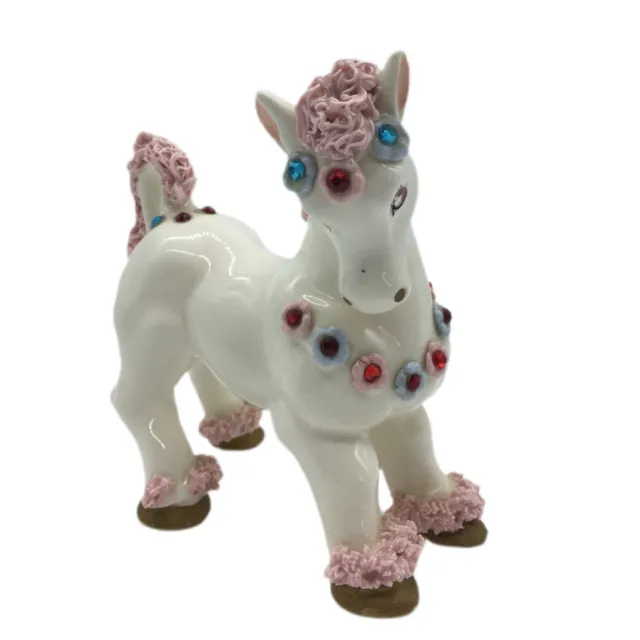 Vintage 1950's Spaghetti Horse White Ceramic Pink Spaghetti Detailed Rhinestones 2