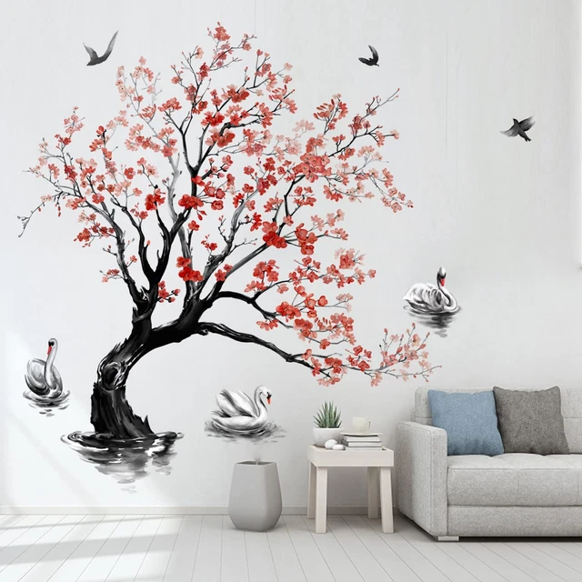 Stickers Muraux Branche Fleur Bleue Avec Oiseaux - Déco Enfant Salon Chambre
