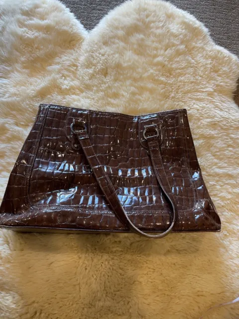 Pre-owned Liz Claiborne Laptop Bag Tote Purse Brown Faux Crocodile Leather
