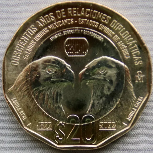 MEXICO_20 Pesos 2022_Bicentennial of diplomatic relation w USA_Bi-Metal_unc_lose