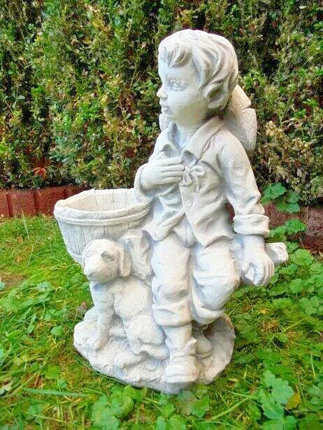 Statue "Junge mit Hund & Pflanztopf" Menschen Steinguss 34cm Steinfigur Skulptur 3
