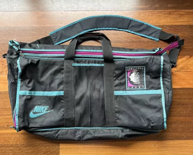 Vintage Nike Challenge Court Tennis Duffel Bag Black Pink Teal 90s