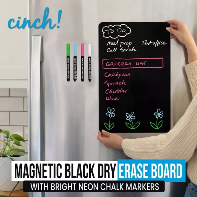Magnetic Black Dry Erase Board for Fridge: with Bright Neon Chalk Markers - 12x8 2