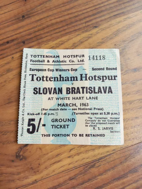 1963 ECWC Quarter Final Ticket – Tottenham/Spurs v Slovan Bratislava