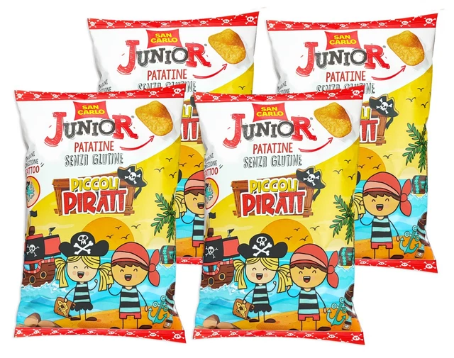 4X San Carlo Patatine Junior Piccoli Pirati Snack Senza Glutine con Sorpresa 30g