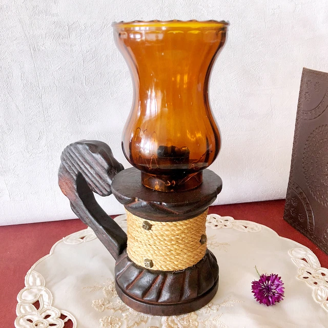 Bougeoir Photophore En Verre Soufflé Ambré - Design Années 60/70