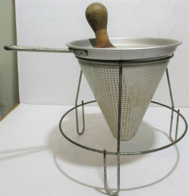 STEEL FRAME CONE Sieve Food Mill Wood Pestle & Stand Chinois Strainer