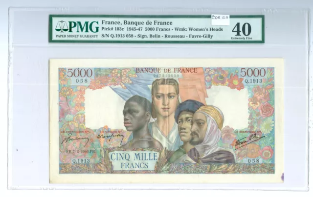 France-Note: 5000 Frs year 1946; Pick#103c; Grade Nice EF-40 by PMG.Cat:$435
