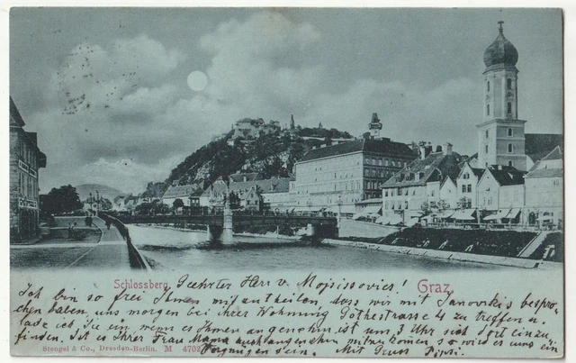 Graz , Schloßberg, Mondschein AK 1899 gel. Stempel war falsch eingestellt 66 !