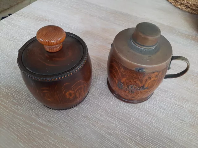 Pair Antique Wooden Canister for Storing Coffee and Tea Leaves Barrel Shape EPNS